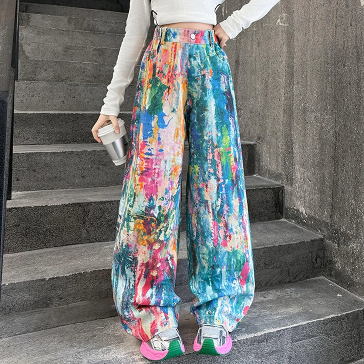 Pantalones Vaqueros Holgados para NiñAs, TeñIdo Tie-Dye Colorido Estilo, De Cintura Alta, De Pierna Ancha, Holgados, Estilo Streetwear, Vaqueros De Mezclilla, Ropa Hip Hop, para Adolescentes
