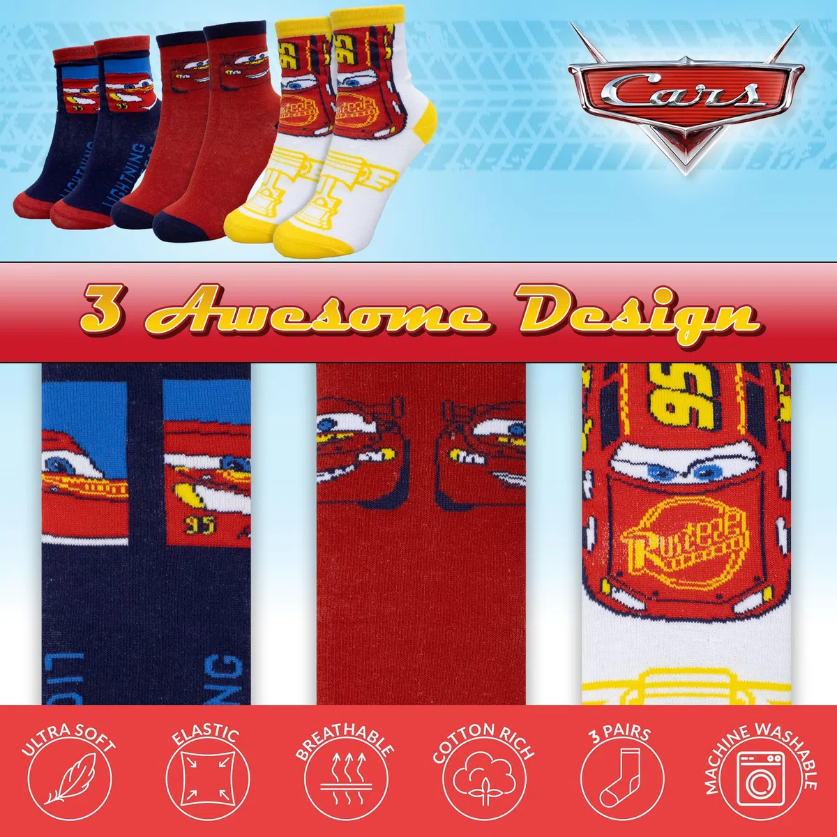 Disney Calcetines para niño Cars Rayo set 3 pares de calcetines de algodón niño 7115