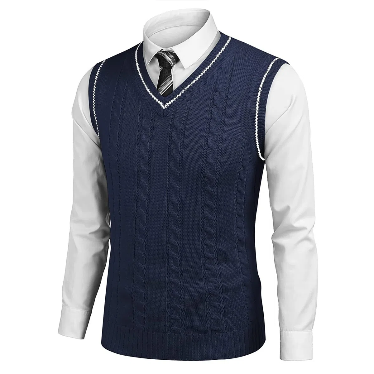 Chaleco de punto trenzado con cuello en V para hombre, ajuste relajado, sin mangas, suéter de punto cálido y ligero