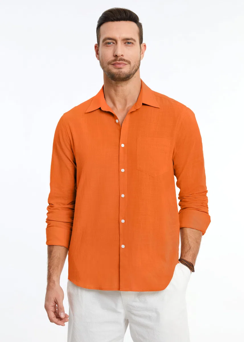HISDERN Camisas de Lino y Algodón para Hombre Manga Larga Ligeras Verano Lino Camisa de Ajuste Regular Abotonadas Casual Shirt con Bolsillo