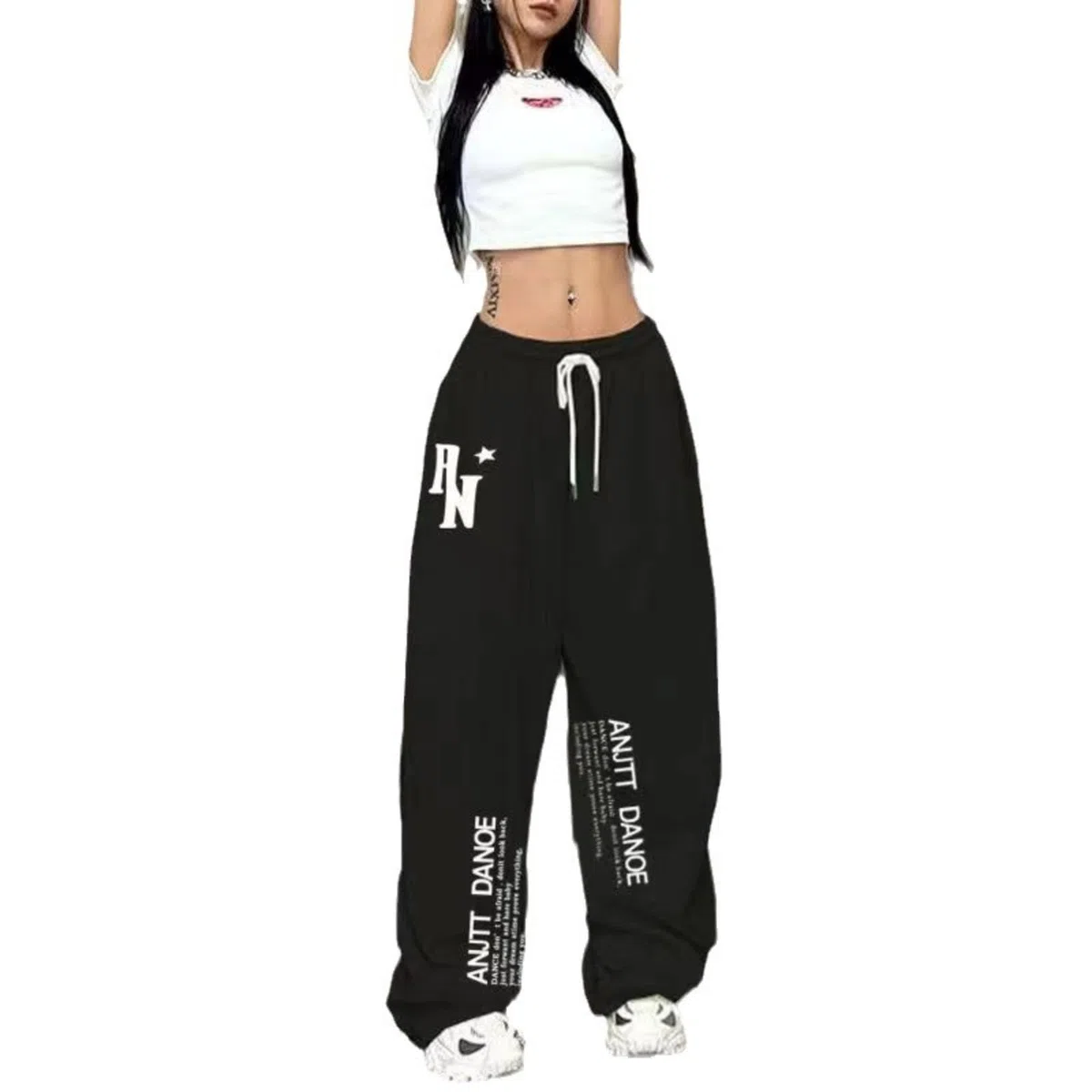 Pantalones De Baile Hip Hop, Pantalones De Cintura Alta con Cordón Y Gráficos, Corte Holgado, Rojo, Blanco, Negro, S-2XL (Black,S)