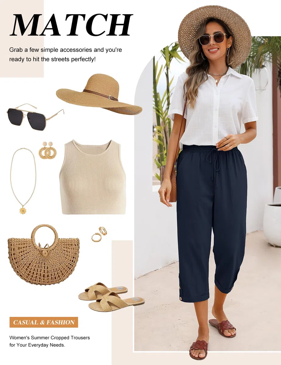 Voqeen Mujer Pantalones Verano de Algodón Frescos Pantalón Cintura Alta Elástico con Bolsillos Casual 3/4 Pantalones Anchos con Cordón Ligeros y Cómodos