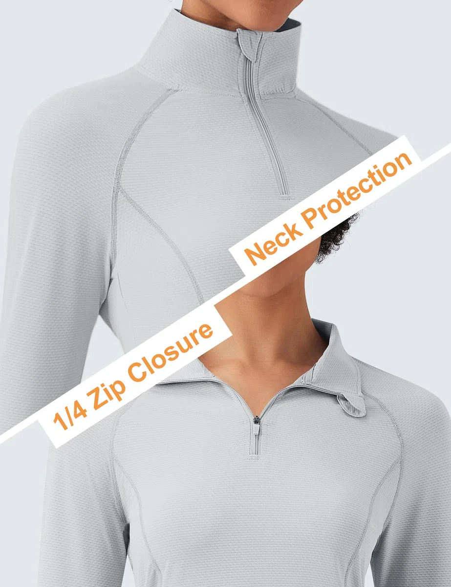IECCP Camisetas ligeras con protección solar UPF 50+ para mujer, con cremallera de 1/4, manga larga, para ejercicio