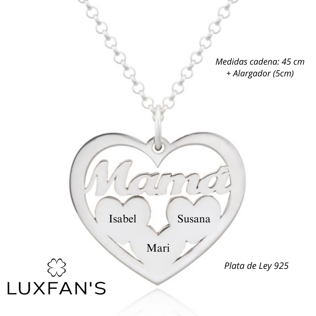 Collar Corazón para Mujer en Plata de Ley 925 personalizable con Nombres de Hijos. Cadena de 45 cm. Ideal para regalar a madres, abuelas en Cumpleaños, Navidad. Hecho en España.