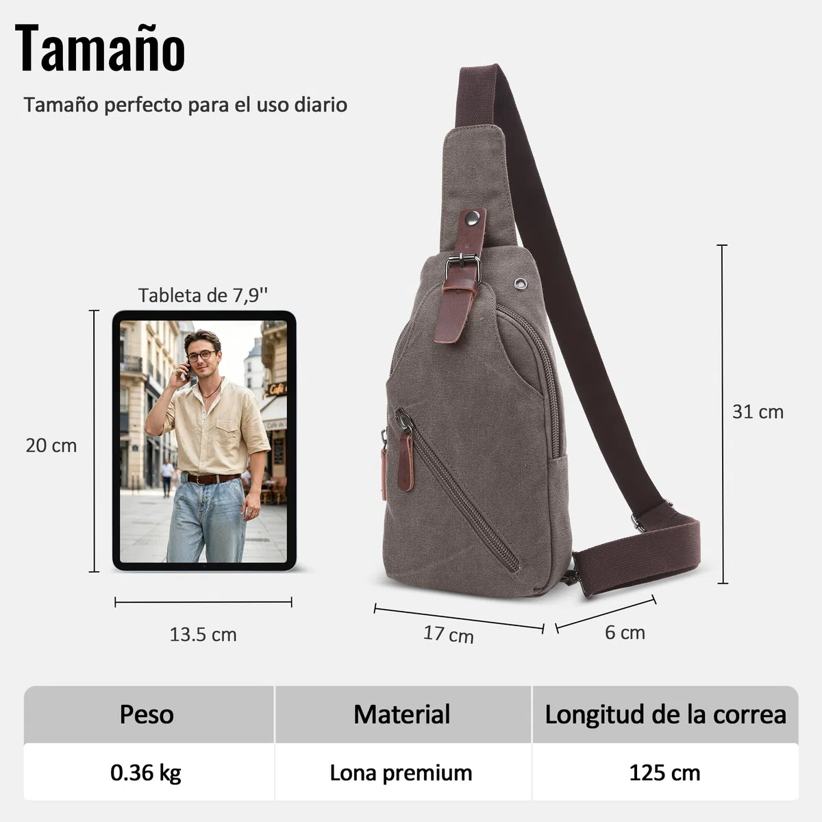 Hombre Bolsa de Pecho Pequeña Bolsa Mensajero para 7.9 Pulgada iPad con Orificio para Auriculares Adecuado Viajar Montañismo Trabajar Casuale Lienzo Cómodo Bolso Bandolera Hombre Gris