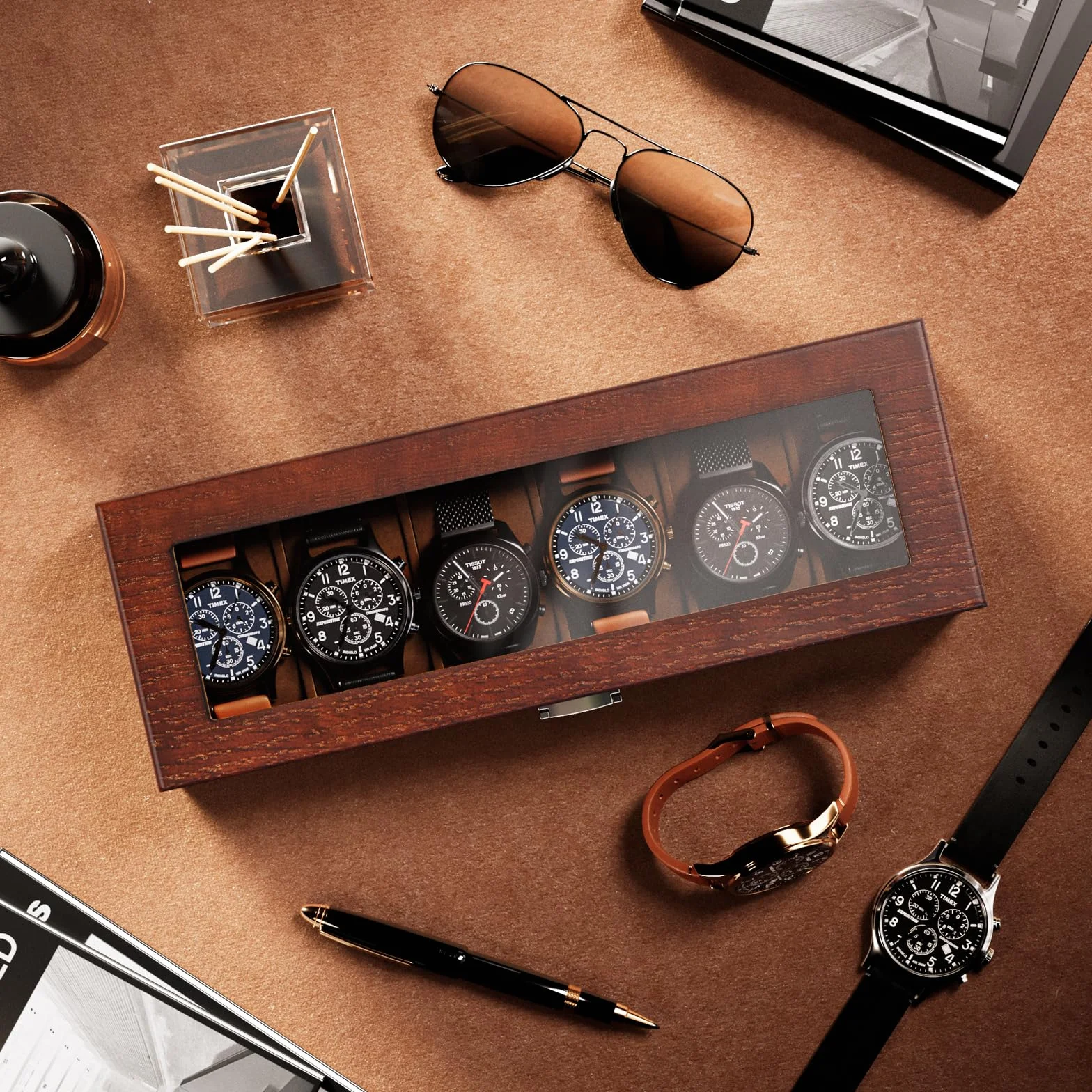 ProCase Caja para Relojes de 6 Ranuras, Funda Organizadora de Reloj con Tapa de Cristal, Estuche de Almacenamiento para Hombres y Mujeres -Marrón