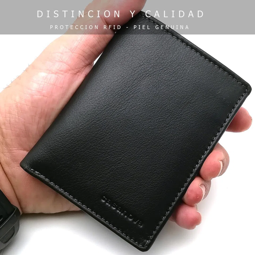 Mini Cartera Tarjetero Hombre Piel - Hecho a Mano - RFID - 10058 Negro