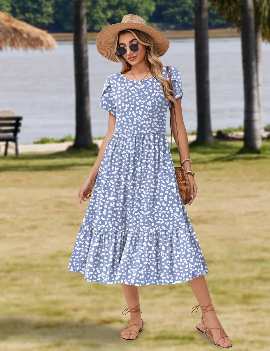 ZEAGOO Vestido Verano Manga Corta Medio-largo para Mujer Vestidos Holgado Cuello Redondo con Bolsillos Bohemio Elegante Vestido S-XXL