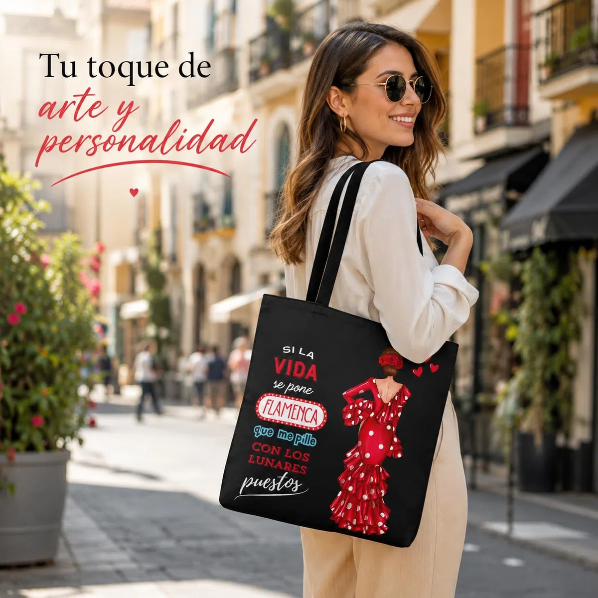 Bolso Tote Flamenco 43x43 cm – Bolsas de Tela con Diseño de Flamenca – Impresión Doble Cara – Asas 60 cm – Poliéster 400 g/m² – Colección Málaga