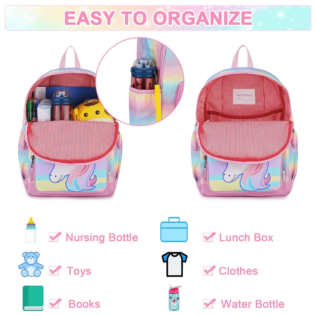 VASCHY Mochila Niña, Mochilas Escolares Mochila Infantil 4-6 Años para Escolar Ajustar Carpeta A4 con Bolsillos Laterales y Correa en Pecho