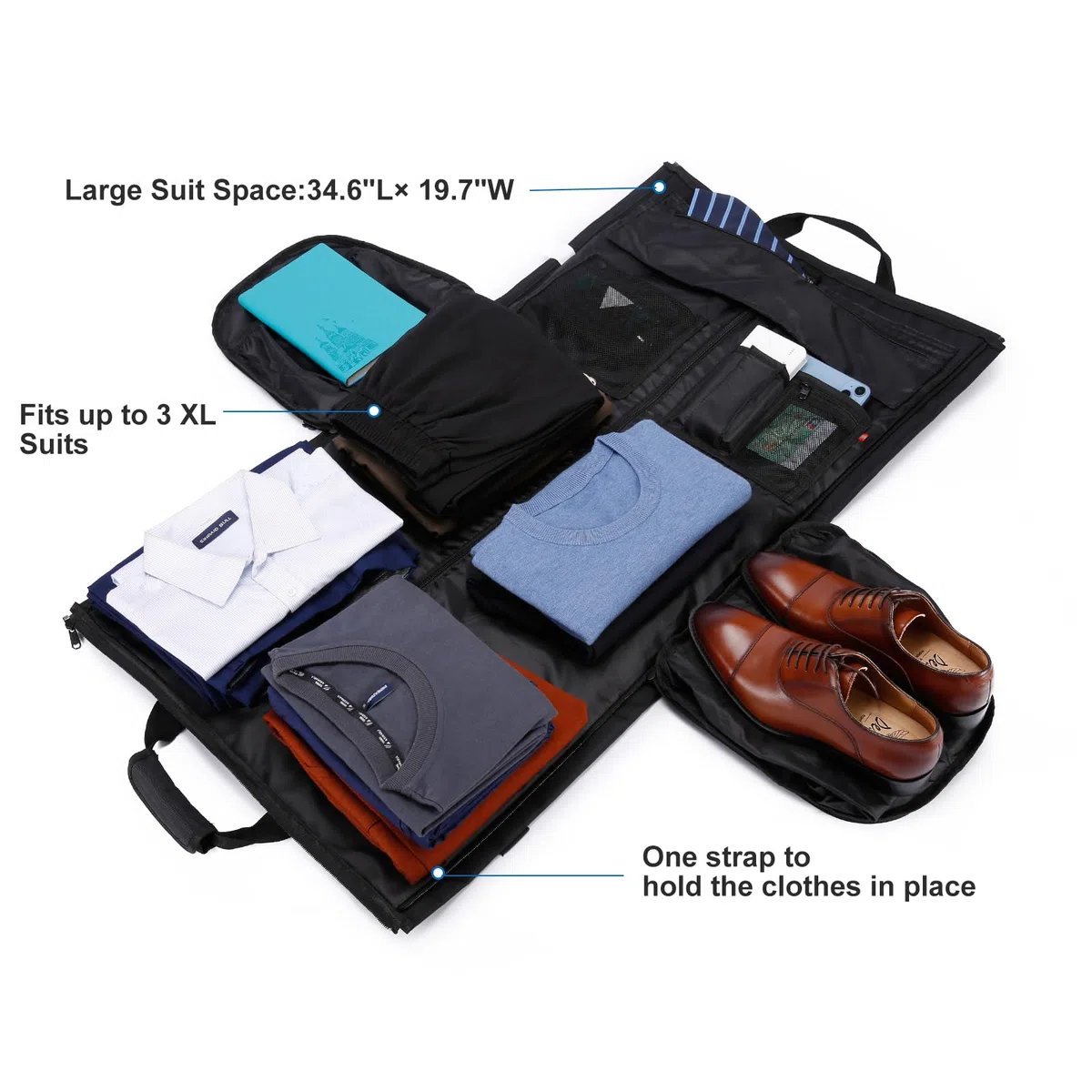 Bolsa Portatrajes Funda de Viaje para Traje Bolso Porta Trajes Ropa Vestidos con Correa para el Hombro Ajustable, Bolso Weekender Porta Trajes 2en1, Porta Traje para Hombre, Equipaje de Mano, Negro