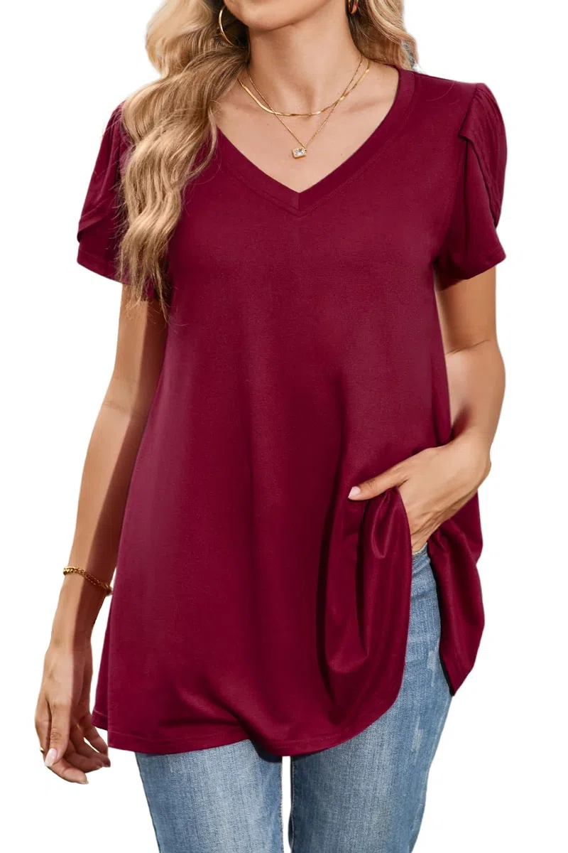 Enmain Camiseta Mujer Manga Corta Blusa Cuello en V Más Tamaño Túnica Túnica Tops Elegante Tulipán Manga Swing Tops