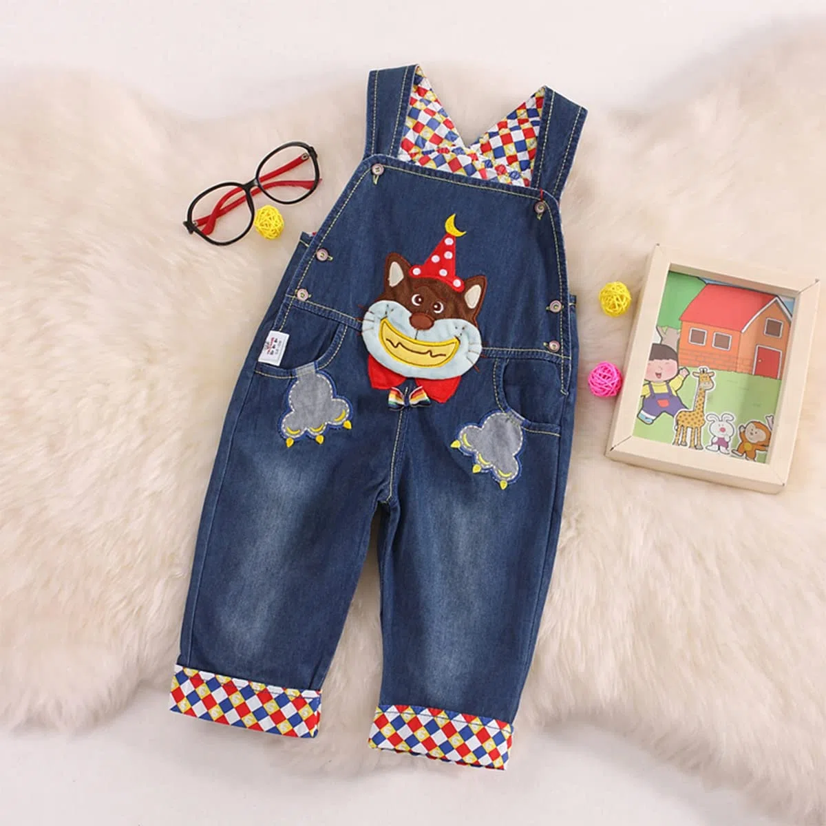 Niñas Peto Vaqueros Overalls Mono Pantalón Largo Ajustable con Animal Ajuste Holgado-Azul-sonreír Mapache -110