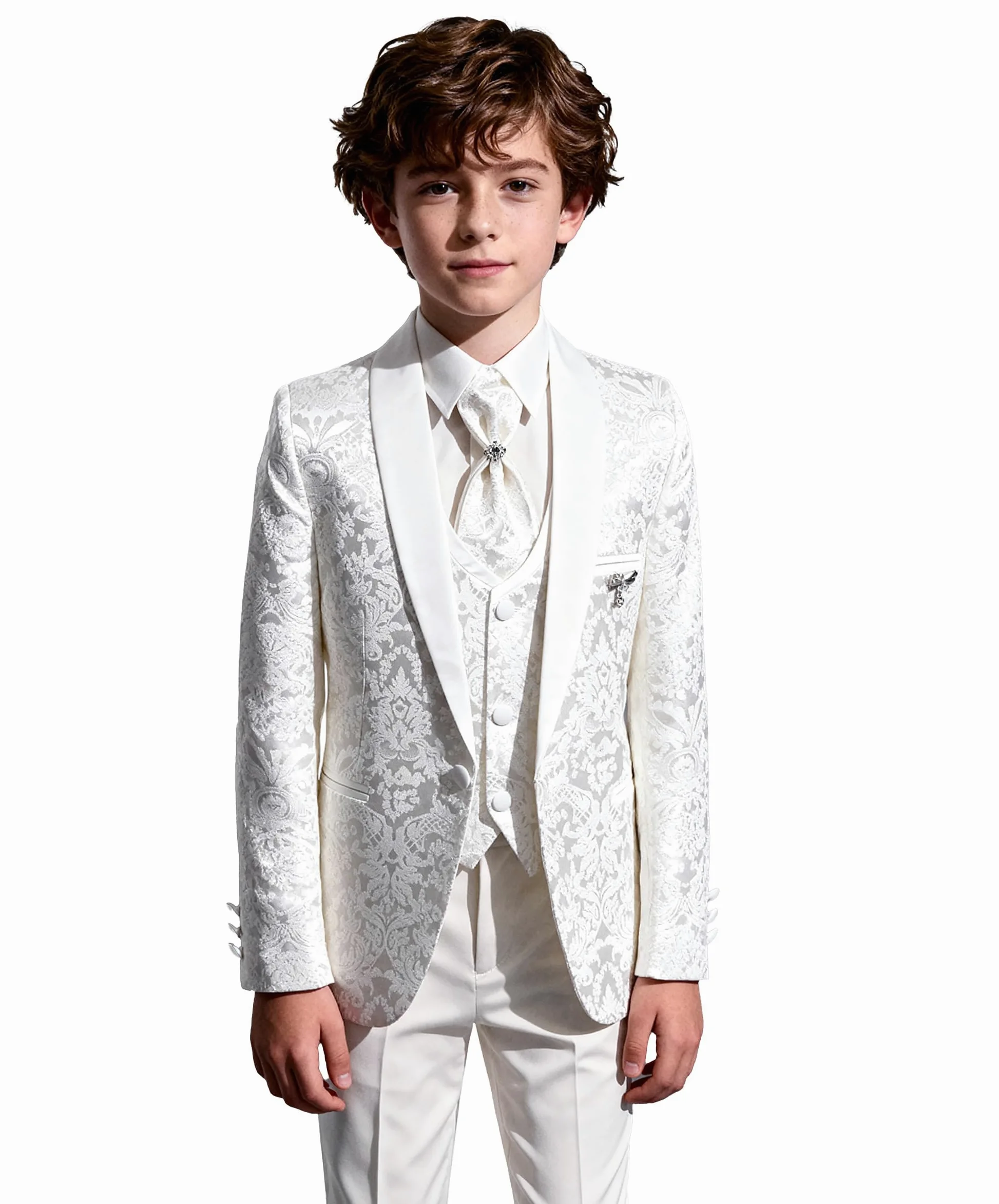 SIRRI Traje de Esmoquin de comunión Estampado para niños, Conjunto de 5 Piezas, para Cena de Boda, graduación, de 1 a 16 años