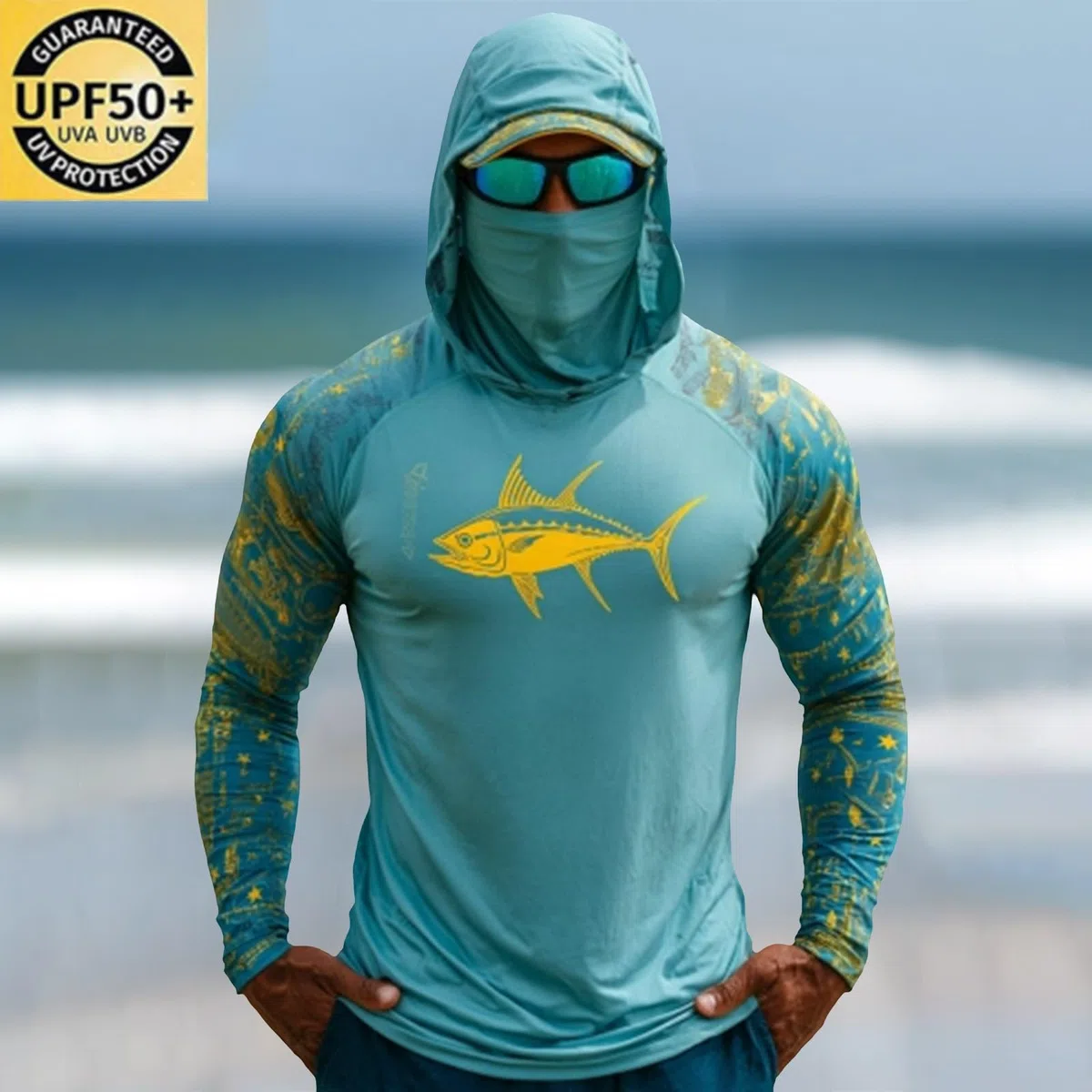 Camisas de pesca para hombre con capucha y máscara, diseño de peces, manga larga, ligeras, para senderismo, exteriores, protección UV, ropa de pesca
