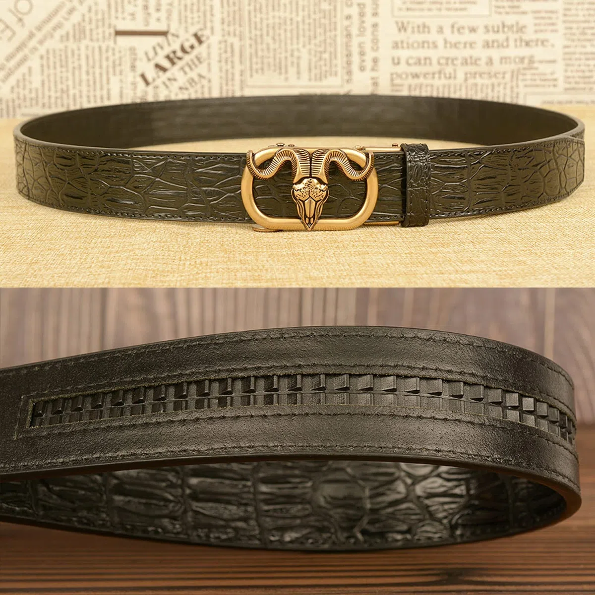 Cinturón para Hombre, Cinturones de Hebilla Deslizante de trinquete de Cuero, Hebilla automática de Metal,Black Gold,120cm