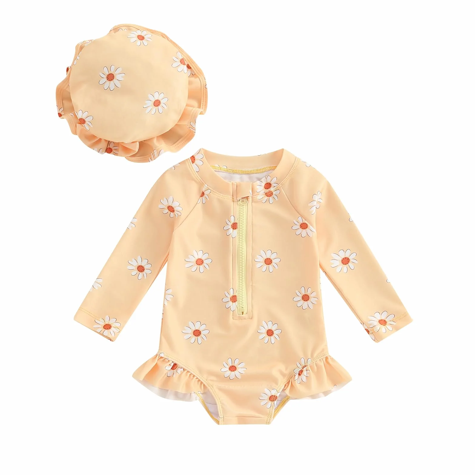 Carolilly - Traje de baño de una pieza para bebé y niña, estampado floral, con sombrero de manga larga antirrayos UV (6 meses a 3 años)