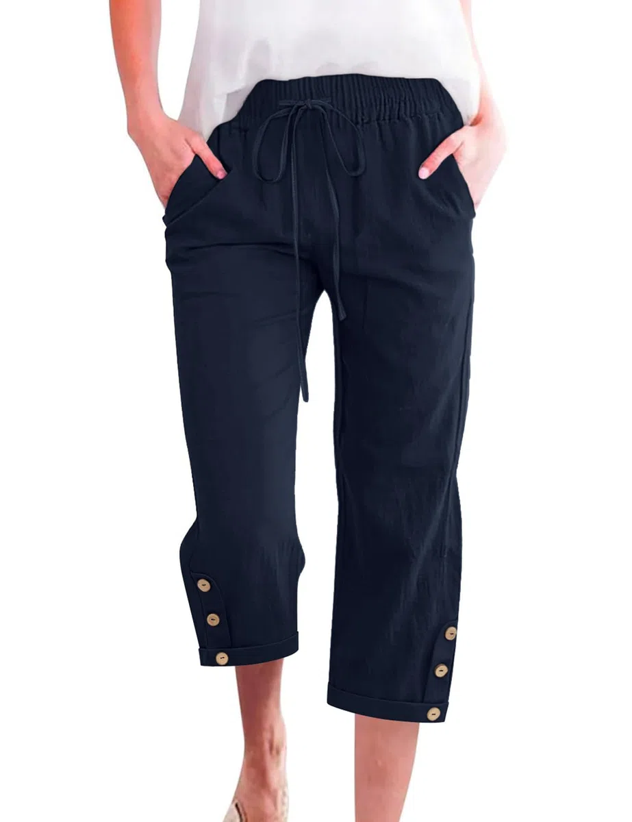 Voqeen Mujer Pantalones Verano de Algodón Frescos Pantalón Cintura Alta Elástico con Bolsillos Casual 3/4 Pantalones Anchos con Cordón Ligeros y Cómodos