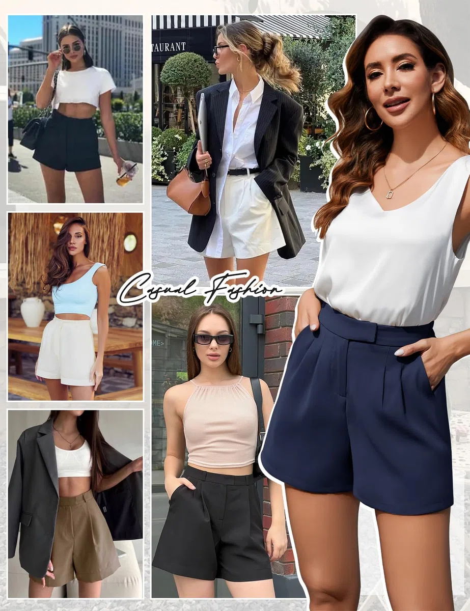 Xnova Pantalones Cortos Mujer Verano Elegante Pierna Ancha Pantalón Corto Sueltos de Cintura Alta Elástica Trasera Bermudas Mujer Casual con Bolsillos y Cremallera