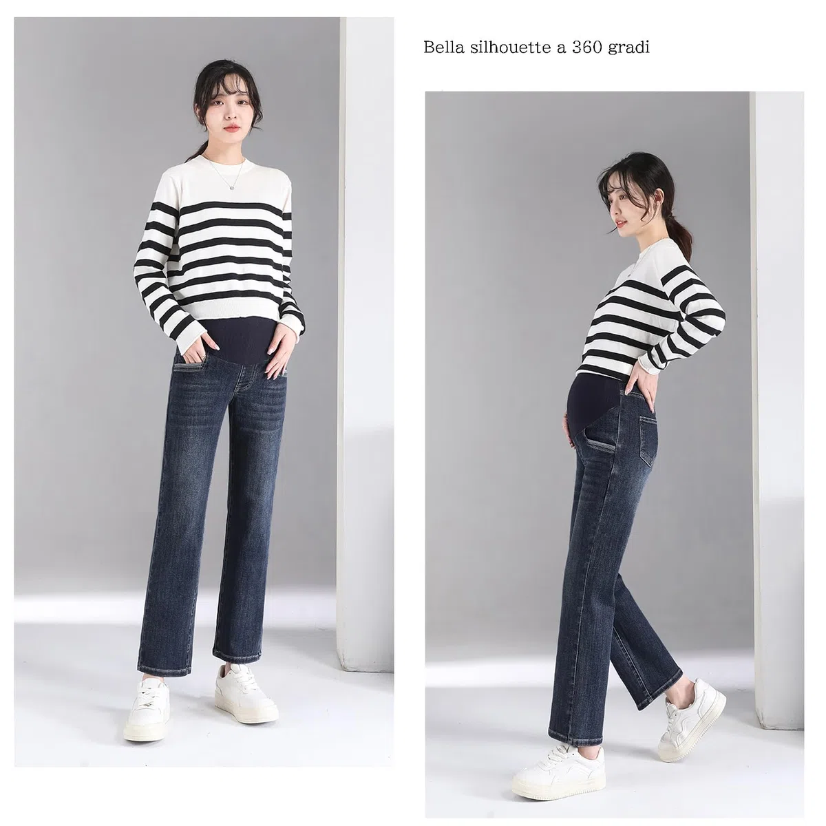Vaqueros de maternidad de pierna recta con cinturón ajustable - Pantalones 3/4 estilizados y prácticos, ideales para mujeres de estatura pequeña (Talla corta)