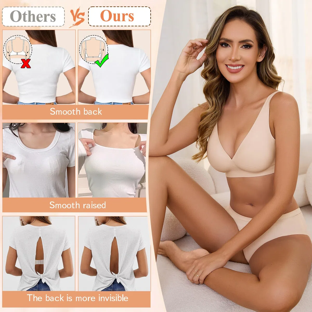 Niwicee Sujetador sin Espalda para Mujer Sujetadores sin Costuras Invisible Sujetador Push Up en V Profunda Sujetador Tirantes Multidireccionales Convertibles para Vestido y Boda