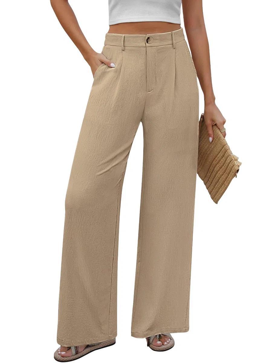 Pantalones Mujer Verano Suelto Rectos Casual Cintura Alta Elástica Anchos con Botones Ligero Cómodo Pantalones de Traje Playa Pantalones con Bolsillos