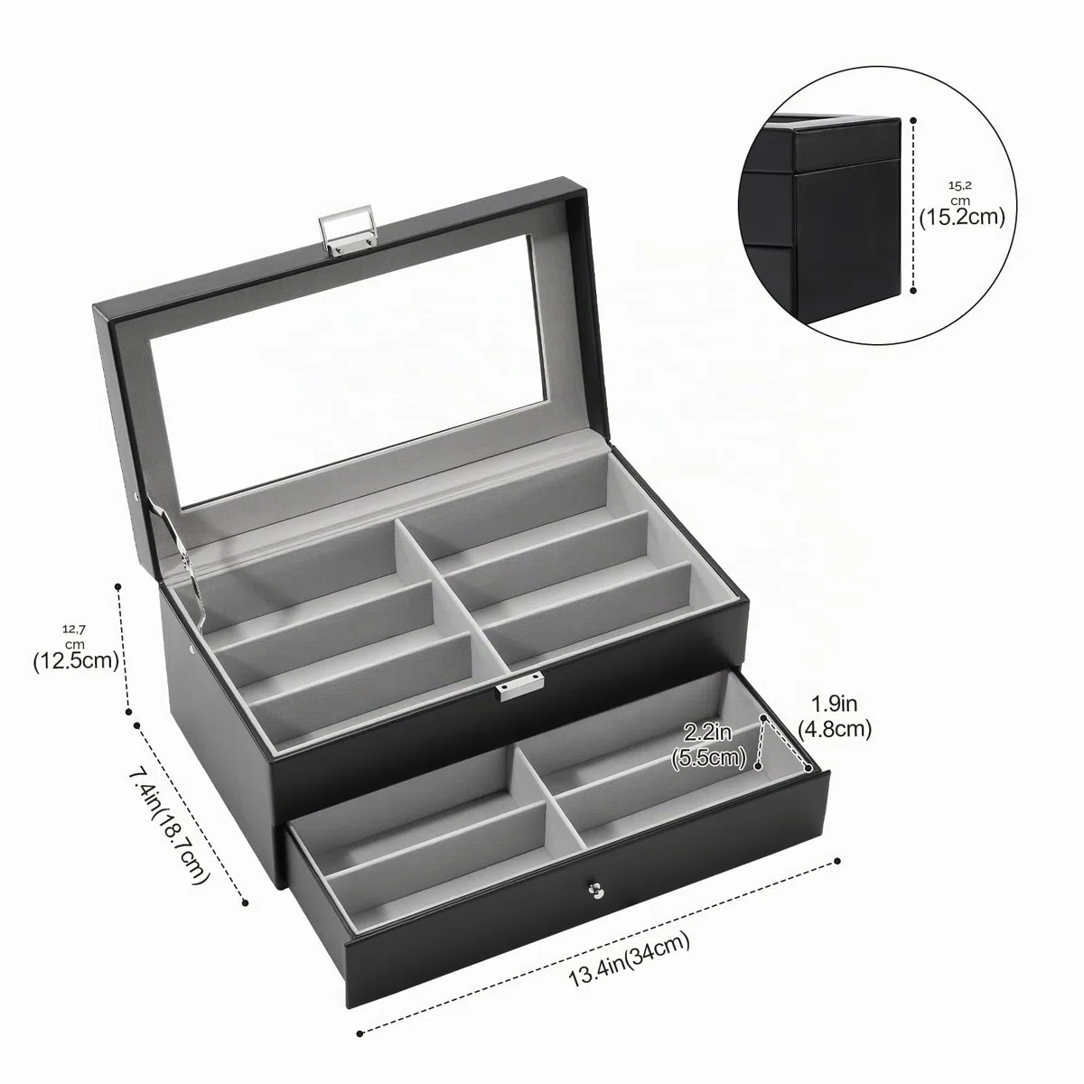 ProCase Caja Gafas, Expositor Gafas de Sol, Organizador Sunglasses 12 Compartimentos 2 Capas, Estuches para Gafas, Joyería, Reloj, Guardar Llaves Regalo Ideal para Mujeres Hombres -Negro