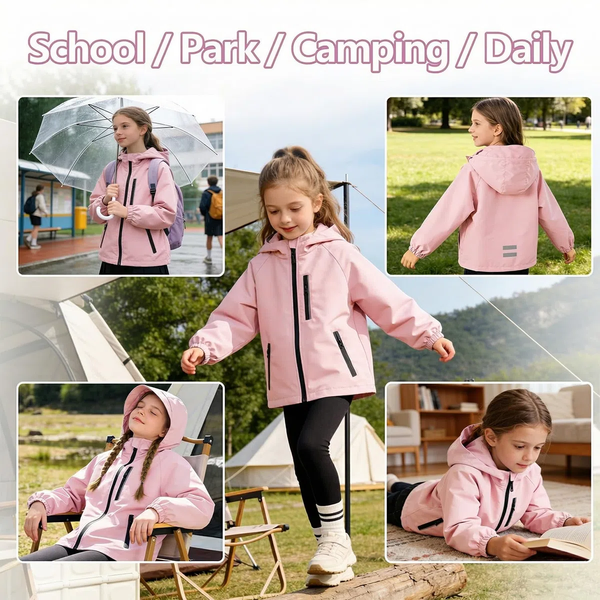 JinBei Chaqueta Niña Niño Chubasquero Impermeable con Capucha Ligero Cortavientos con Cremallera Fino Primavera Otoño Chaquetas Infantil Abrigo para Colegio Deportivo Casual 5-13 Años