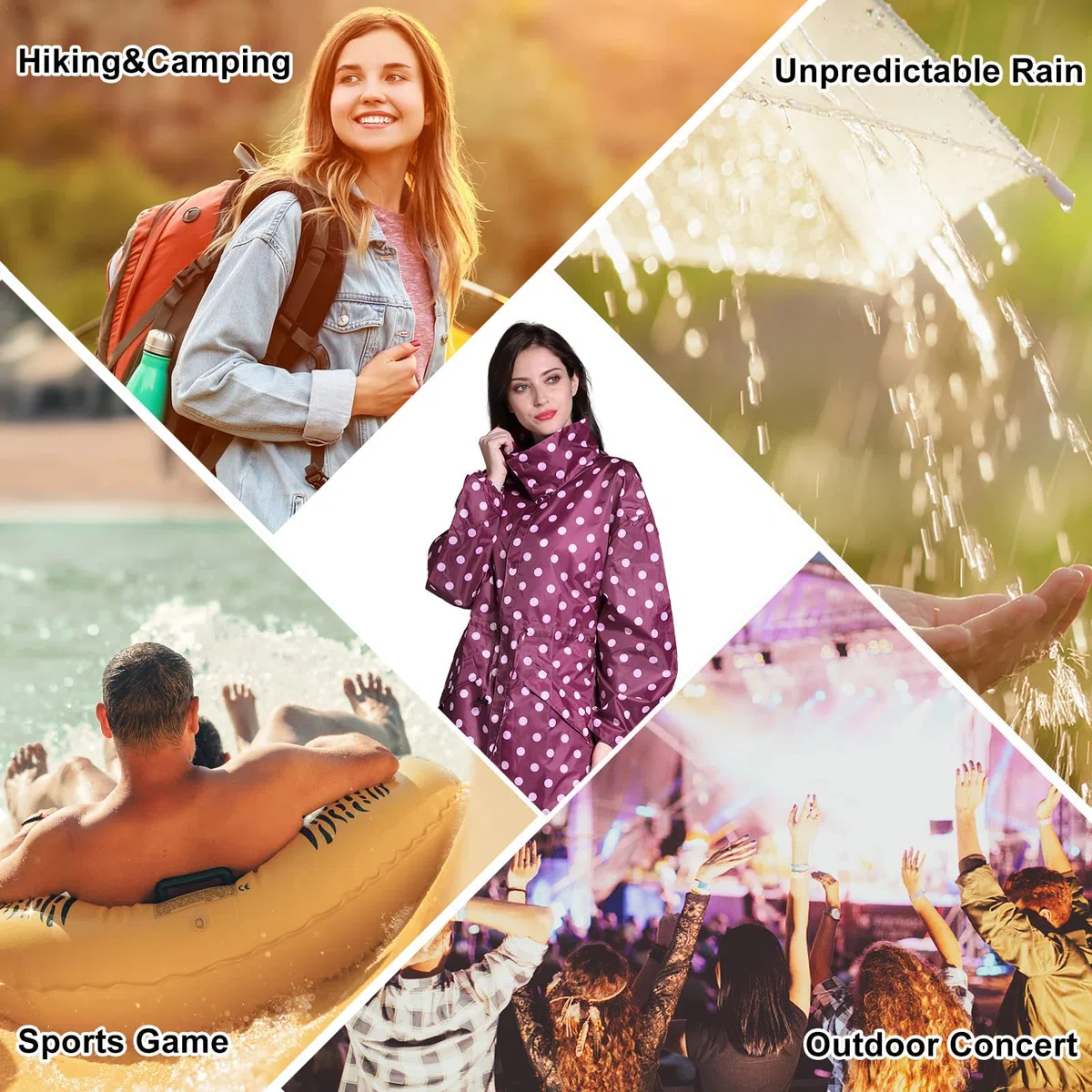 LAMA Poncho de Lluvia Impermeable, Reutilizable, Ligera y Larga, con Cordón y Cremallera, Impermeable con Capucha y Mangas para Mujeres, Adultos, Camping, Senderismo, Tamaño Libre