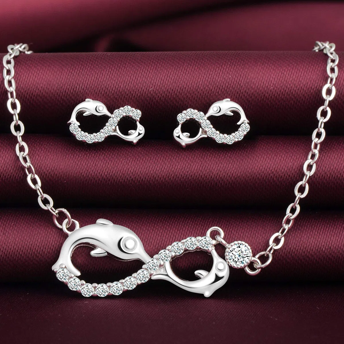 Yumilok Juego de joyas de collar y pendientes, collar con colgante de delfín y símbolo del infinito y pendientes en plata 925, joyería para mujeres y niñas, incrustaciones de circonita cúbica