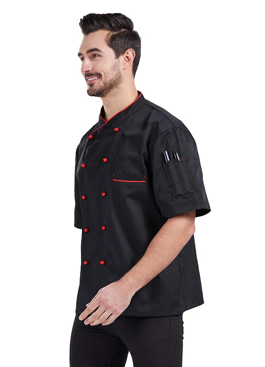 Nanxson Chaqueta de cocinero unisex para mujer, con botones de bola, transpirable, manga corta, cuello alto, ropa de cocina CFM0048