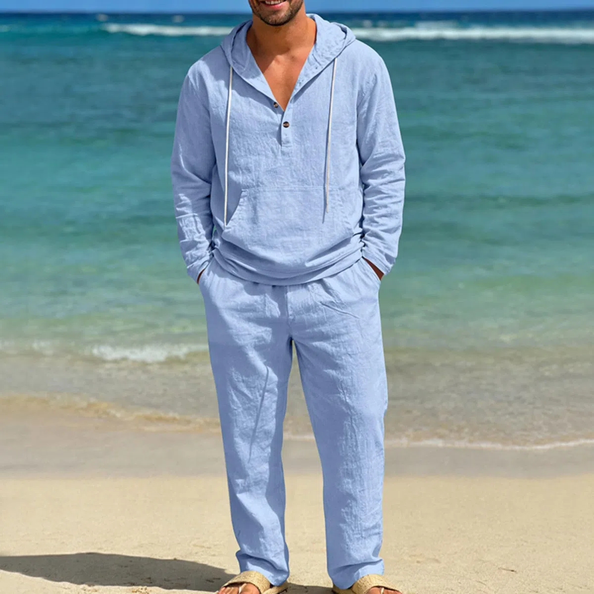 Genérico Traje de Lino para Hombre Informal Conjunto de 2 Piezas Conjunto Deportivo Hombre Camisa Lino Manga Larga Sudadera con Capucha Blusa Verano Camiseta Manga Larga y Pantalón de Playa
