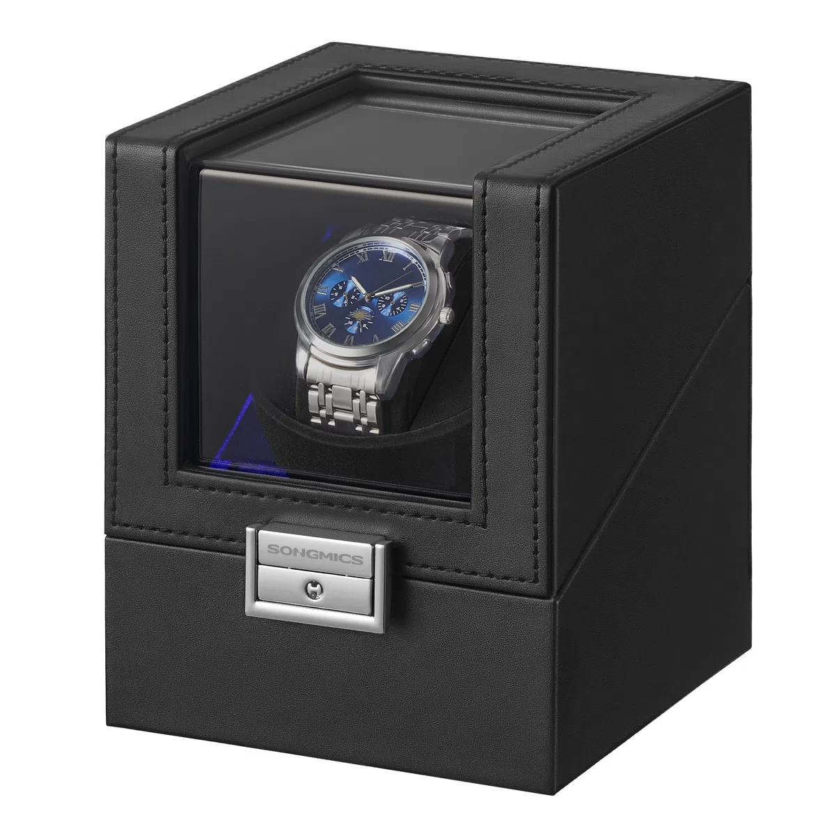 SONGMICS Caja Automática Enrollador de un Reloj con Motor Silencioso, para Relojes Automáticos, con Luz LED, Almohada Ajustable, Bloqueo, 4 Ajustes de Cuerda, Cable de Carga USB-C, Negro JWB030B01
