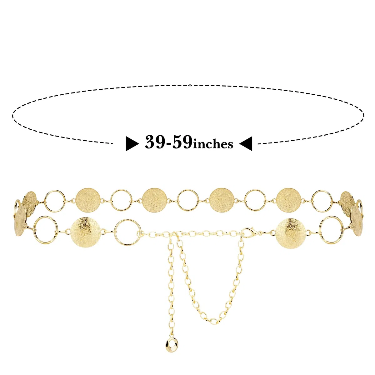 Cinturón de cadena de talla grande para mujer, con piezas redondas de metal, cadena para cintura y vientre, cadena extra larga, ajustable de 39-59 Inch (XXL)