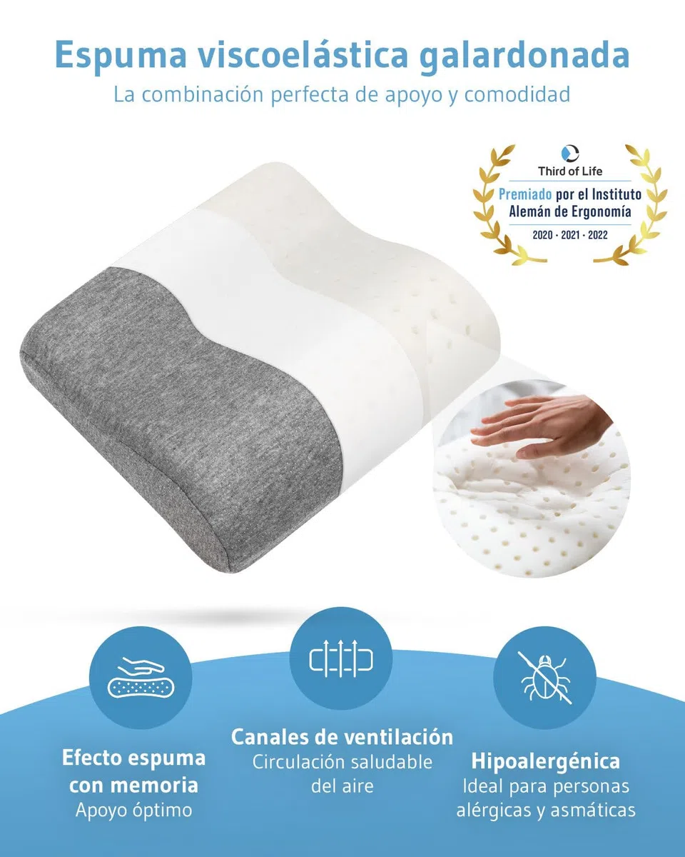 Almohada de viaje ONDA, almohada cervical espuma de memoria, cojín ergonómico contra el dolor de cuello, almohada viscoelástica antiácaros. Cojín pequeño para avión, coche, tren y camping