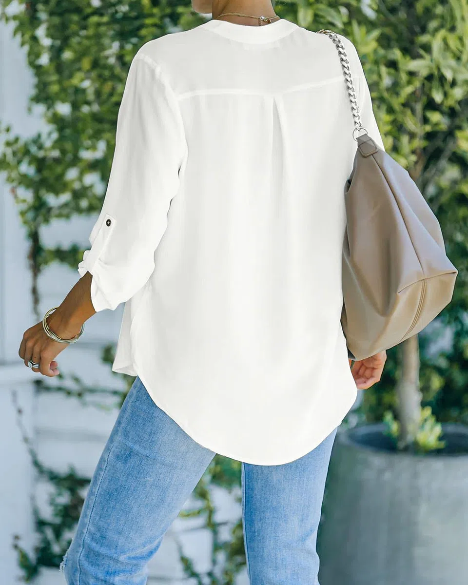 NONSAR Blusa elegante para mujer con cuello en V, blusa Henley con mangas que se pueden remangar, blusa suelta