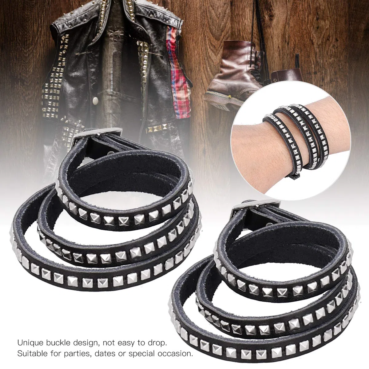 Atyhao Pulsera Punk, 2 Piezas de Pulseras de Cuero con Remaches Ajustables, Pulseras Anchas de Punk Rock, Pulsera de Hip Hop para Hombres, Mujeres