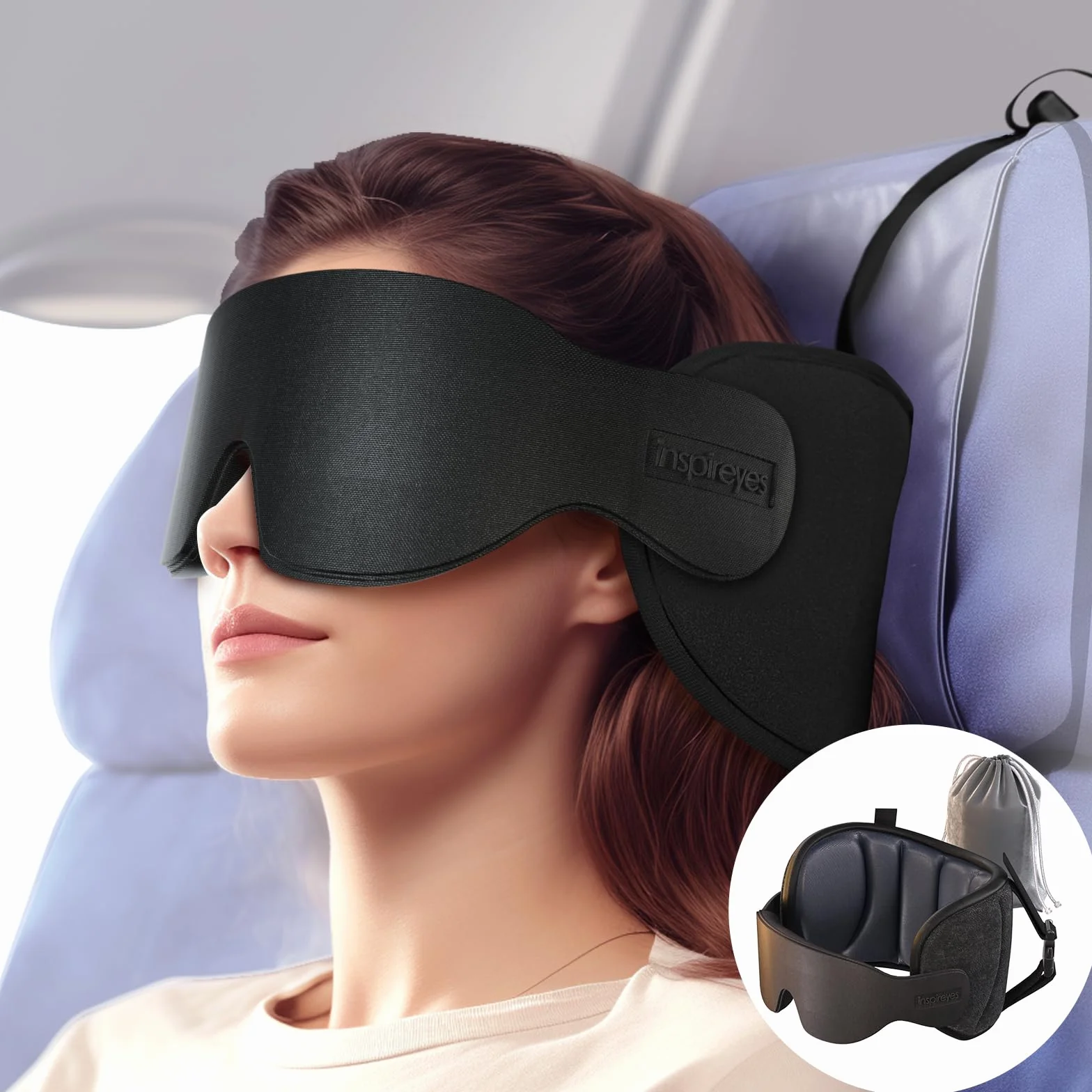 Inspireyes Almohadas de Viaje Aviones, Accesorios de Viaje elegibles para FSA HSA para vuelos Largos, Almohada de Viaje para niños, Antifaz para Dormir en avión, Negro Claro