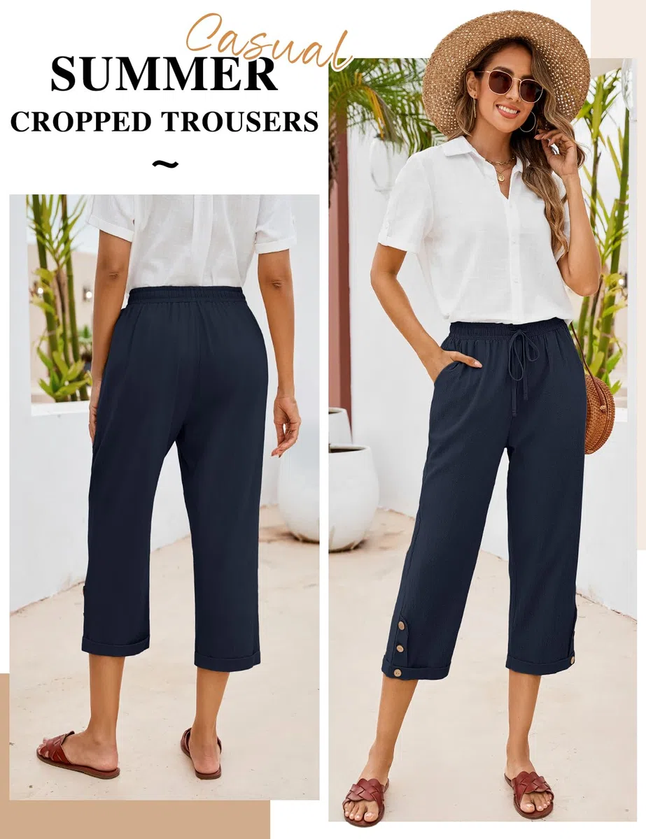 Voqeen Mujer Pantalones Verano de Algodón Frescos Pantalón Cintura Alta Elástico con Bolsillos Casual 3/4 Pantalones Anchos con Cordón Ligeros y Cómodos