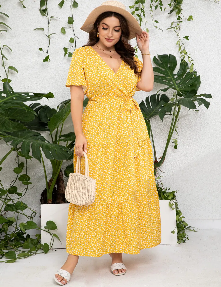 ShopWonder Womens Plus Size V Neck Wrap Maxi High Waist Ruffle Summer Casual Dress with Belt Vestido para Mujer