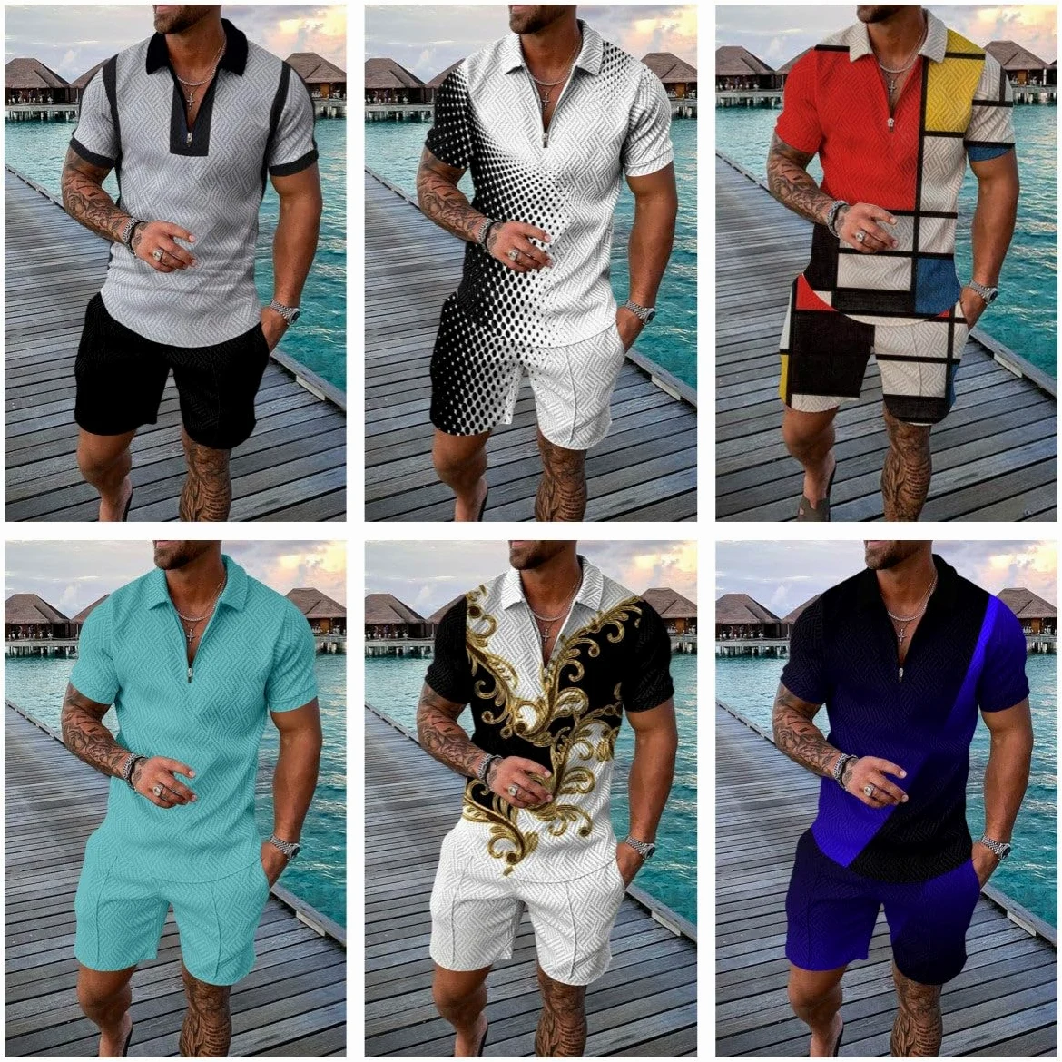 Conjunto corto de 2 piezas para hombre, camisa polo, conjunto casual de verano de manga corta y pantalones cortos para hombre