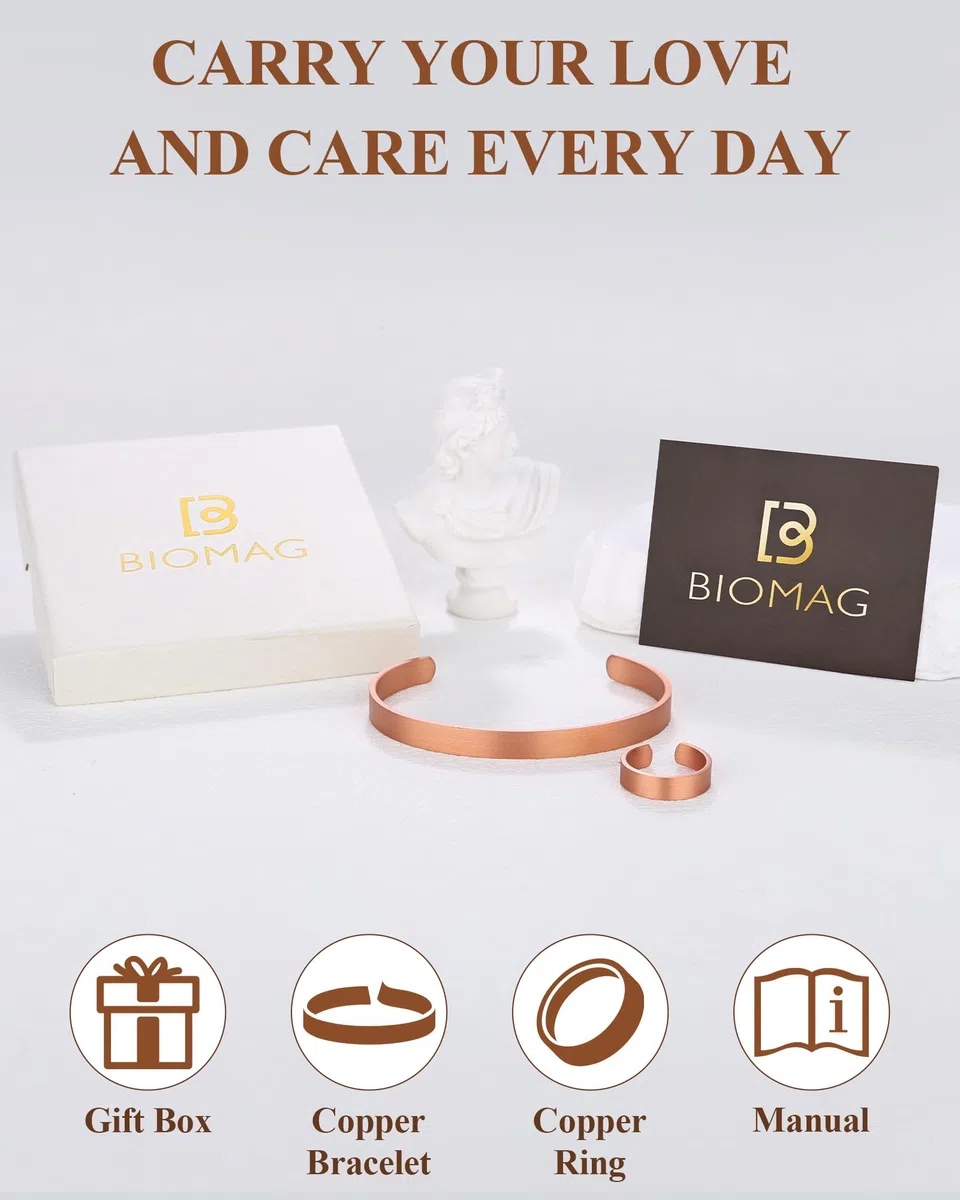 BioMag Pure Copper Bracelet and Ring Set – Copper Bracelet for Men & Women – 100% Solid, Raw & Uncoated Handmade Hammered Tibetan Cuff Bangle