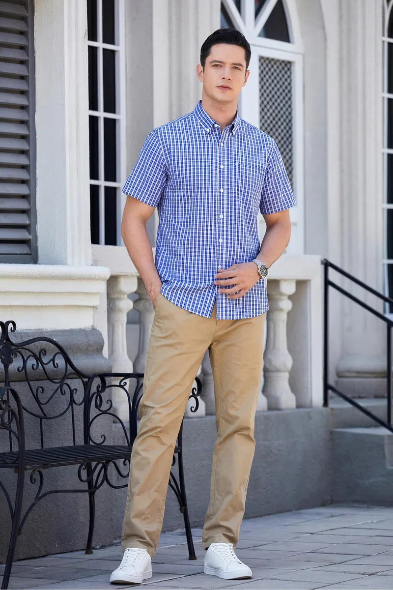 HISDERN Camisa Cuadros Hombre Manga Corta Camisas Verano Hombre Casual Clásica Botones Algodón con Bolsillo Regular Fit