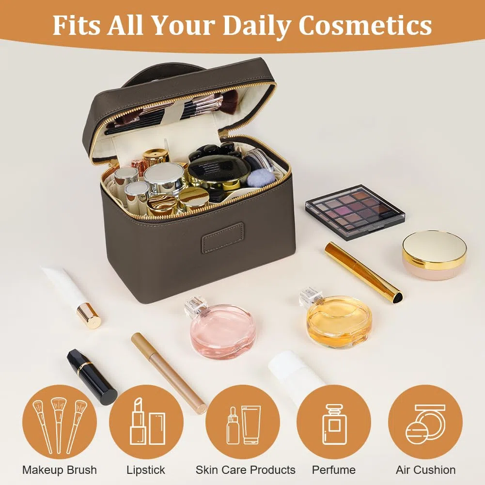 Bolsa de Aseo Mujer Maquillaje, Bolsas de Cosméticos de PU, Bolsa de Lavado de Viaje, Organizador Grande para Maquillaje, Neceser Makeup Bag Multifuncional, Regalo Ideal para Mujeres, Café Claro