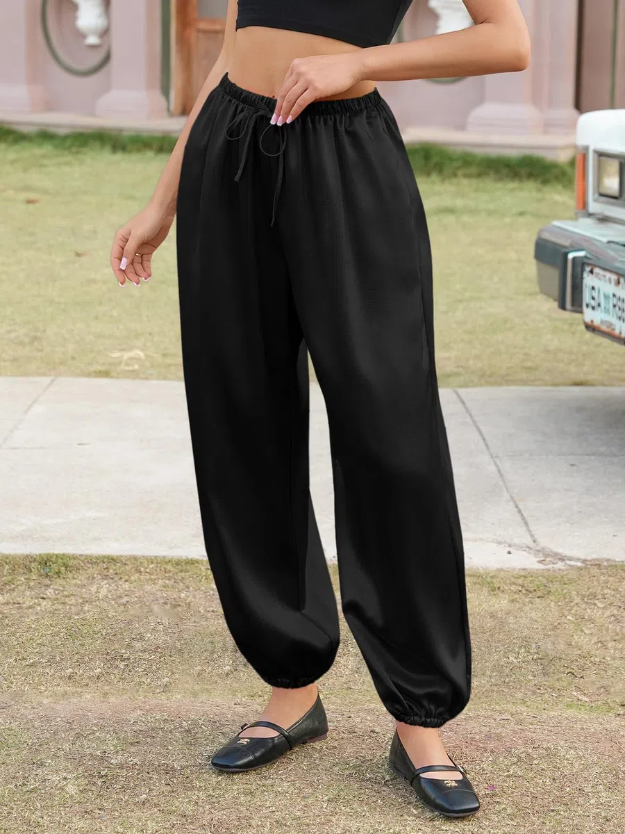 Fisoew Pantalones harén de satén para mujer, cintura elástica holgada, con cordón y bolsillos