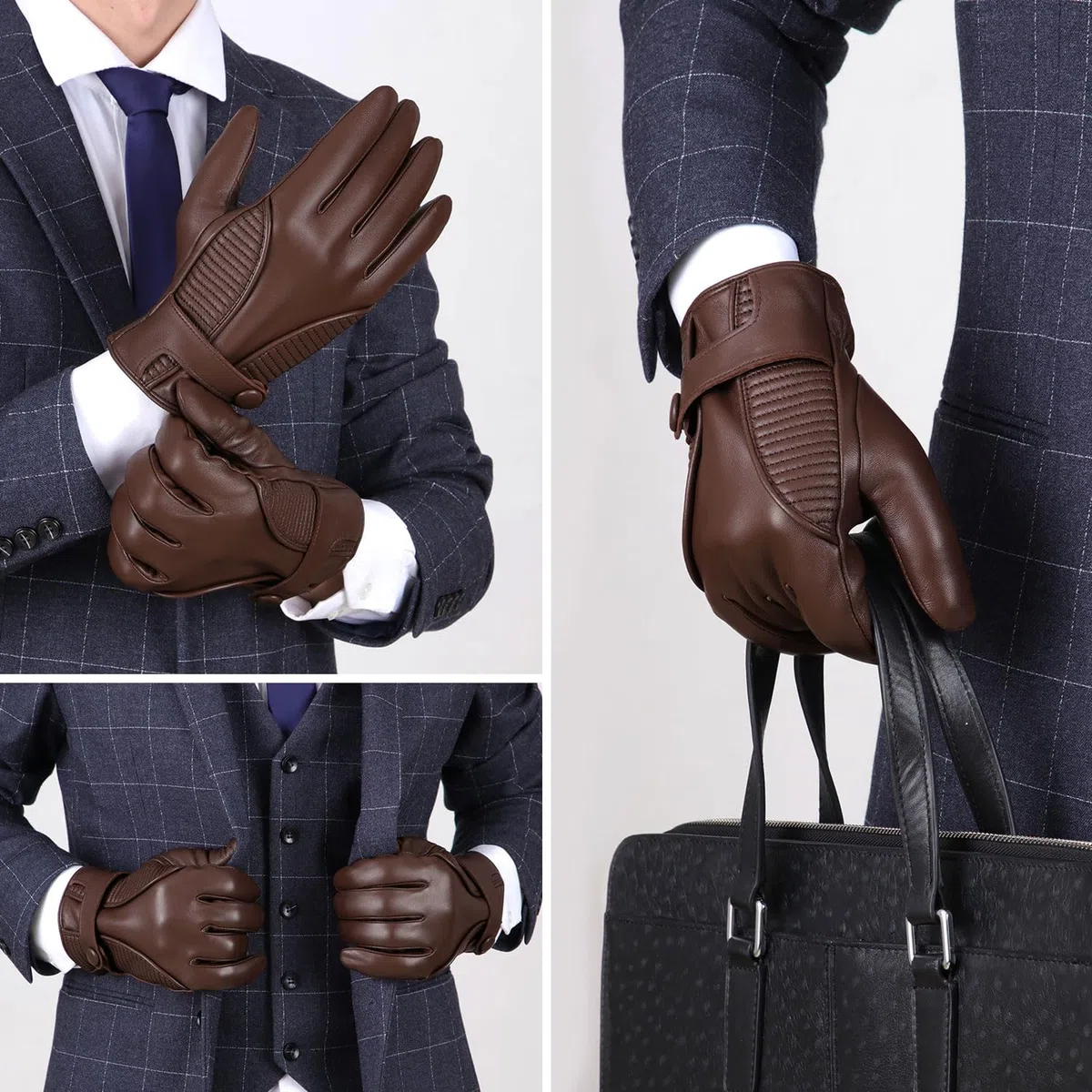 GSG SINCE 1998 Guantes Piel Hombre y Cuero – Piel de Oveja Sin Cromo, Compatibles con Pantalla Táctil, Guantes de Invierno para Conducir con Forro de Cachemira Marrón Oscuro L