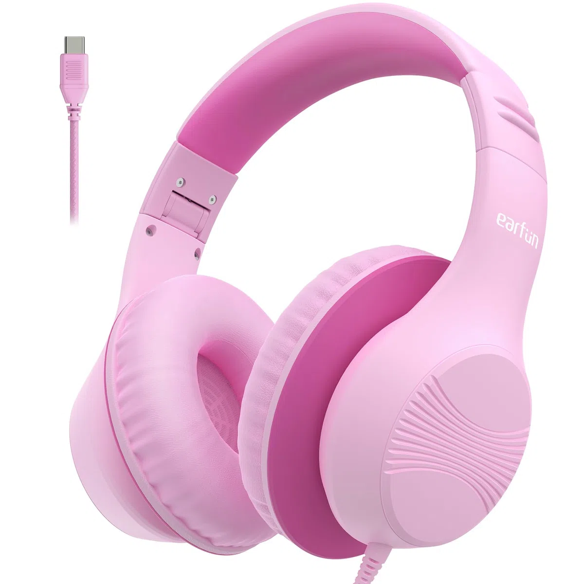 EarFun Auriculares Niños USB-C, con 85dB Volumen Limitado, Cascos Niña Over Ear con Cable, Plegables y Ajustables en 8 Niveles, Auriculares Infantiles Antienredos para Escuela/Tablet/Viajes, Rosa
