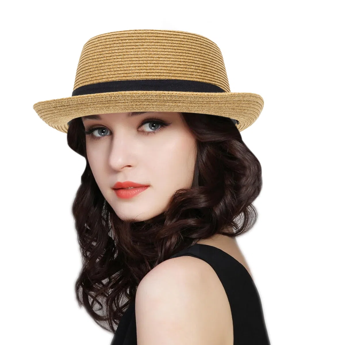 Sombrero clásico de paja de pastel de cerdo para mujeres y hombres, sombrero de verano con ala enrollable, sombrero de paja Fedora sombrero de playa con lazo