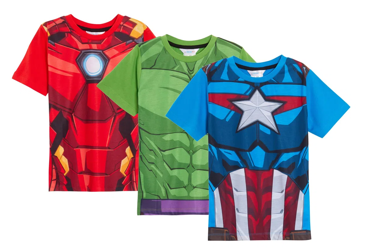 Marvel Pack de 3 Camisetas Avengers para niños, Hulk, Iron Man, Capitán América, Tops de Disfraz para niños, Camisetas de Manga Corta