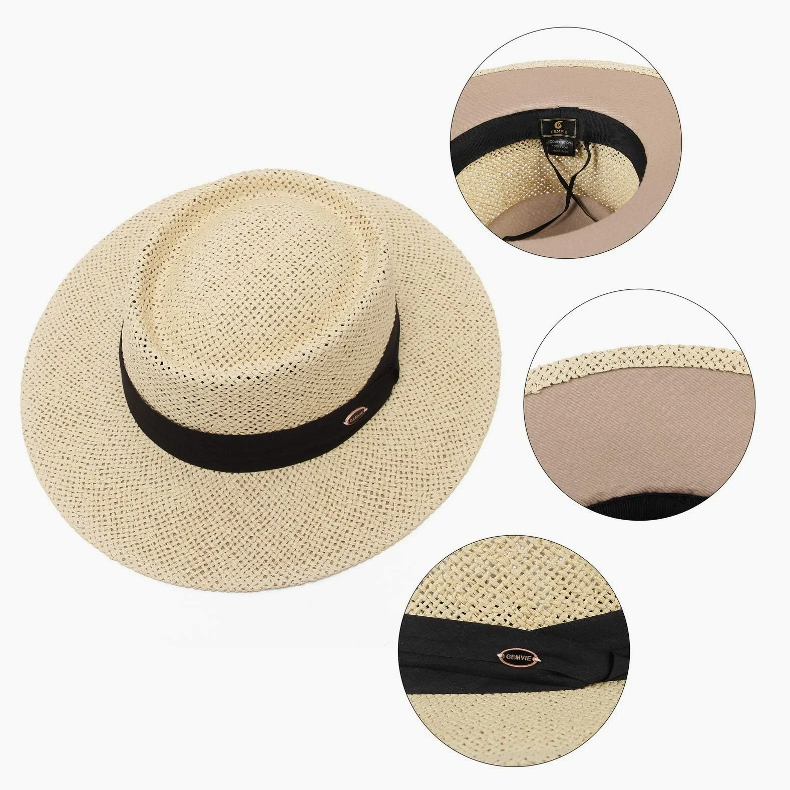 GEMVIE Sombrero Panama de Paja para Playa Hombre ala Ancha Sombrero Fedora Mujer Primavera/Verano Ajustable Caballero